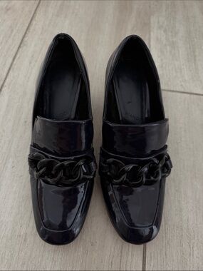 Mango Blue and Black Patent Chain-Detail Slip-On Loafers